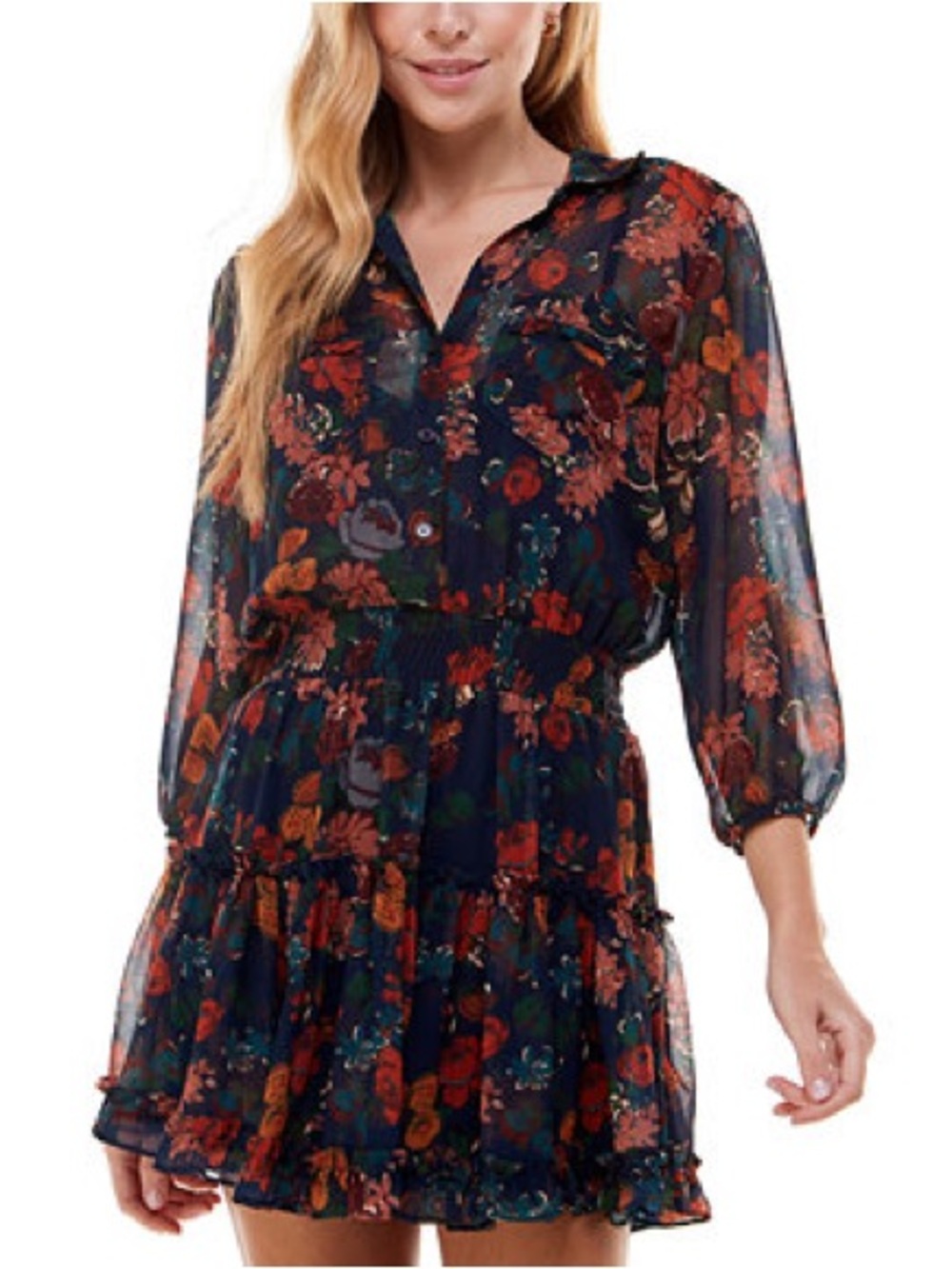 City Studio Navy Floral Sheer Ruffled Button Dress - small